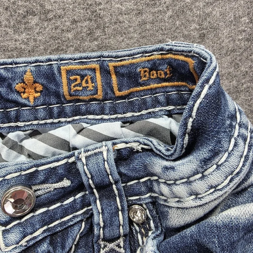 Rock Revival Jeans Womens 24 Bootcut Nadine Distressed Rhinestone Embroidered - Picture 5 of 11